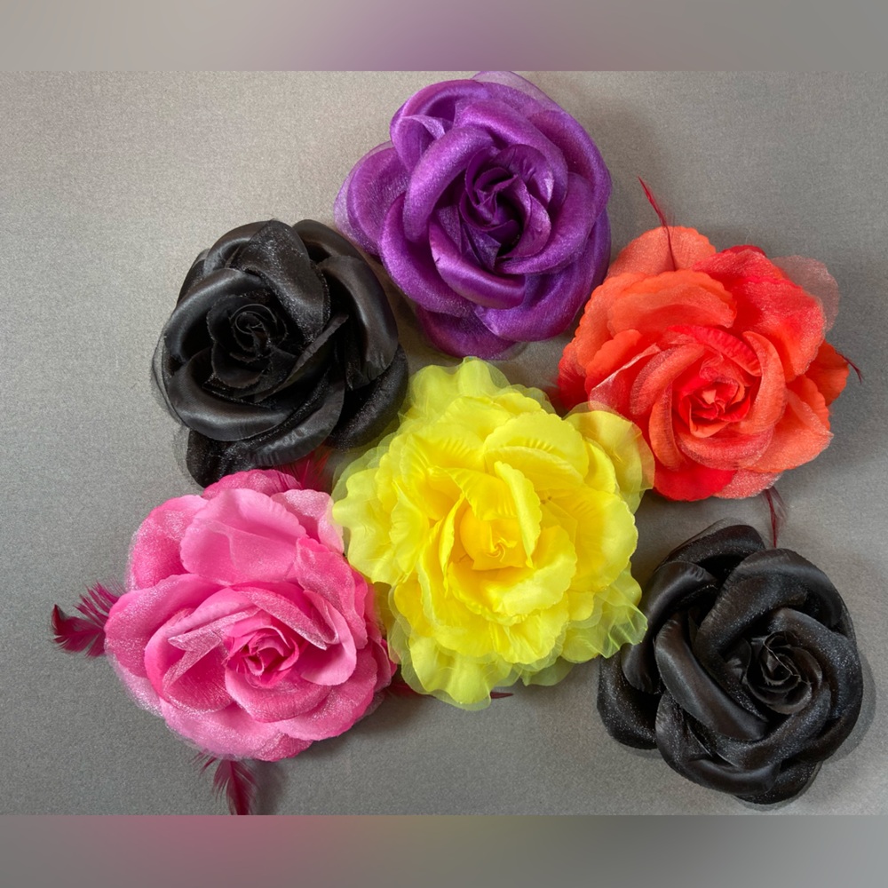 6 Flower Pins for Hair, Clothes or hats Colorful Feathers too, size 6-7”